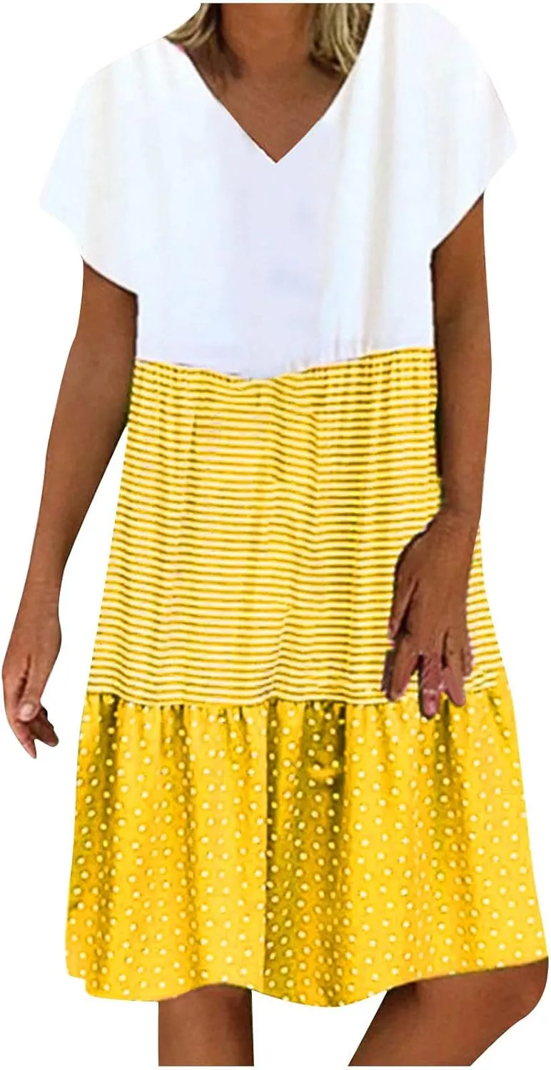 Womens Dresses Short Sleeve Casual Trendy Grahpic Design Sundress Loose V Neck Vacation Short Dresses