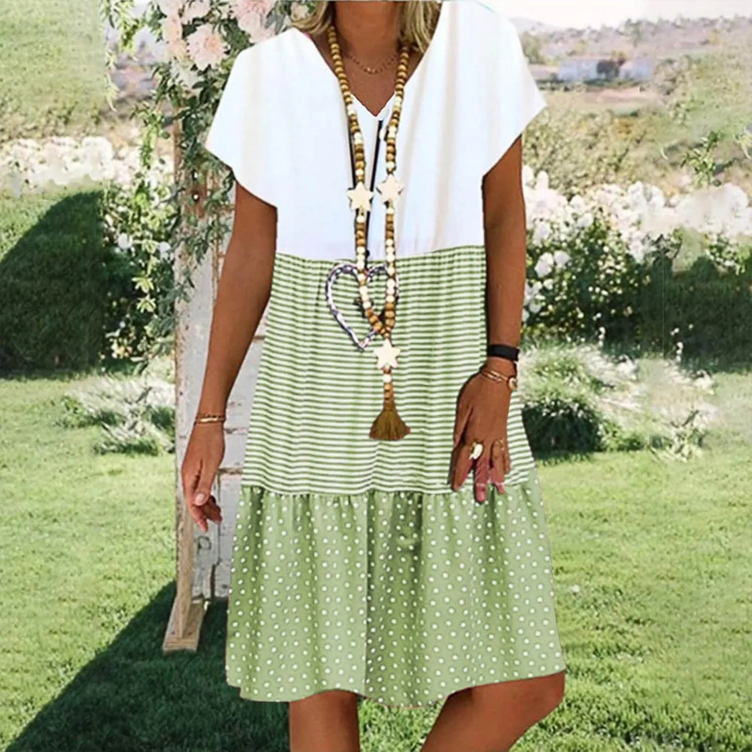 Womens Dresses Short Sleeve Casual Trendy Grahpic Design Sundress Loose V Neck Vacation Short Dresses