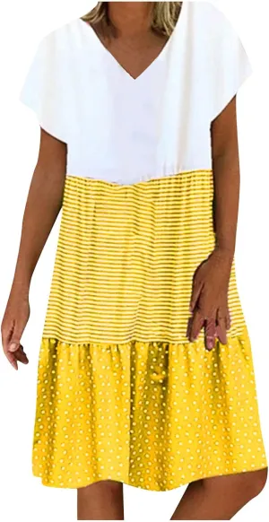 Womens Dresses Short Sleeve Casual Trendy Grahpic Design Sundress Loose V Neck Vacation Short Dresses