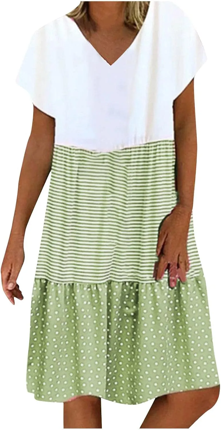 Womens Dresses Short Sleeve Casual Trendy Grahpic Design Sundress Loose V Neck Vacation Short Dresses