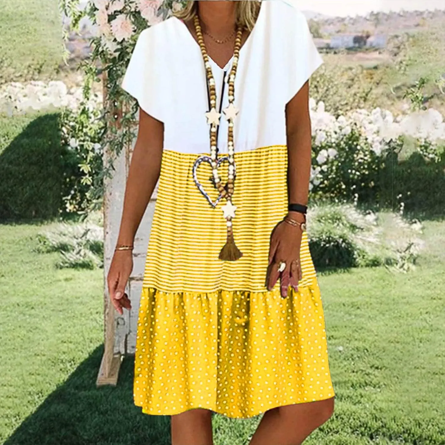 Womens Dresses Short Sleeve Casual Trendy Grahpic Design Sundress Loose V Neck Vacation Short Dresses