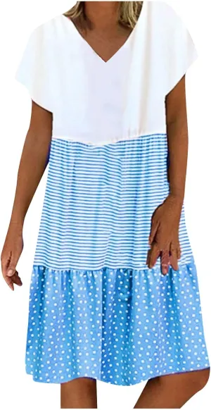 Womens Dresses Short Sleeve Casual Trendy Grahpic Design Sundress Loose V Neck Vacation Short Dresses