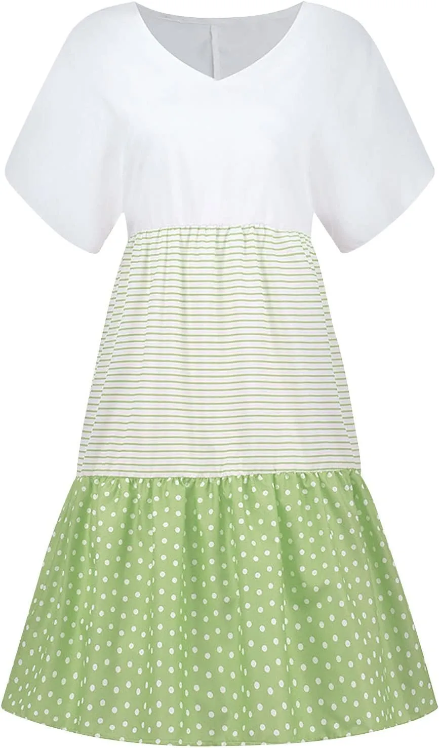 Womens Dresses Short Sleeve Casual Trendy Grahpic Design Sundress Loose V Neck Vacation Short Dresses