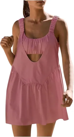 Womens Dresses Summer Built-in Bra and Shorts Athletic Backless 2 Piece Tennis Dress Beach Workout Cut Out Outfits