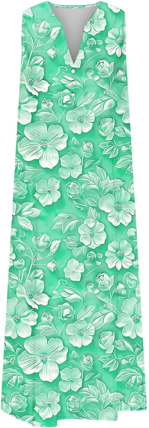 Women's Embossed Floral Printed Midi Dresses Button V Neck Summer Loose Sleeveless A-Line Casual Plus Size Dress with Pockets