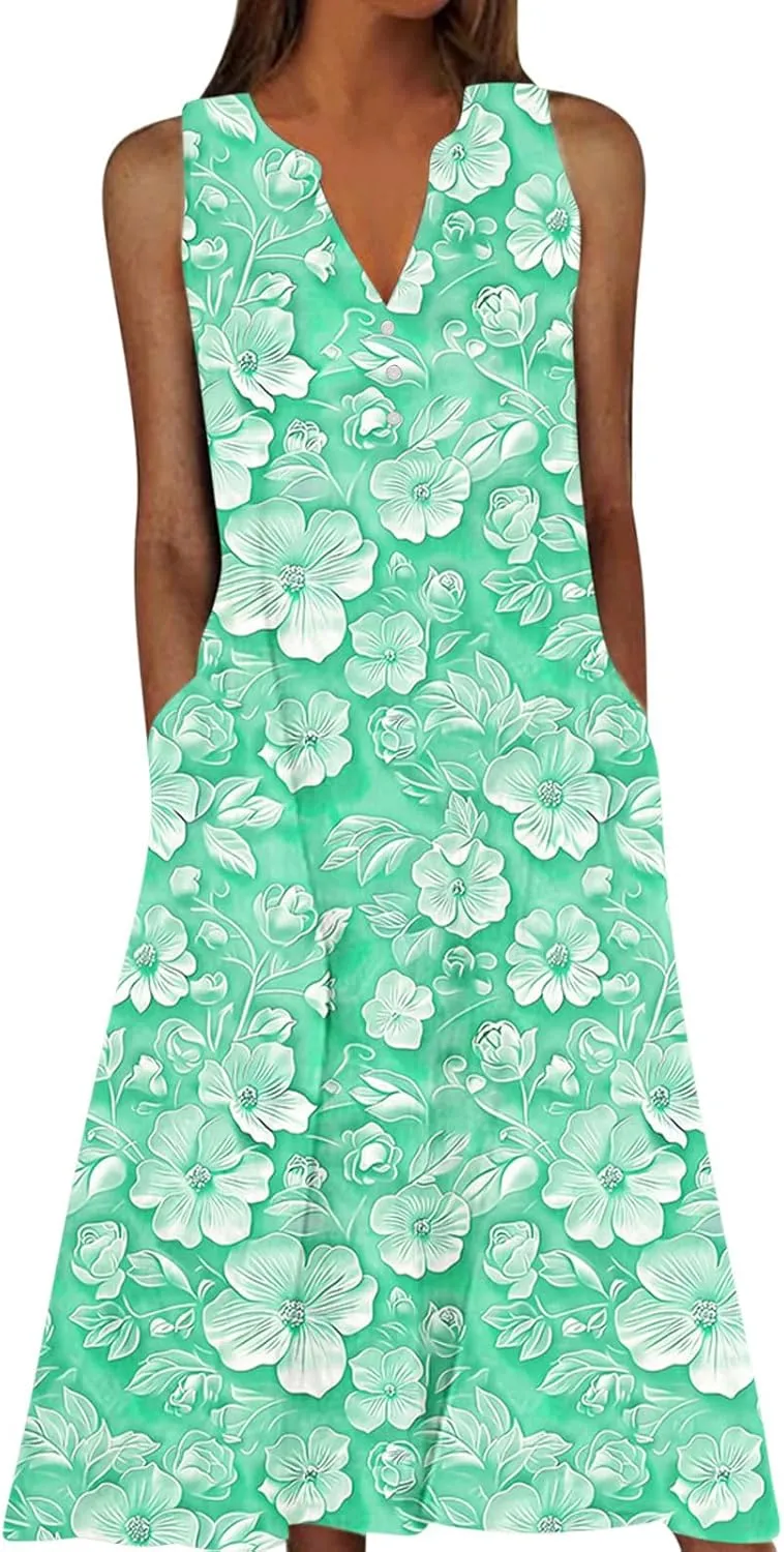 Women's Embossed Floral Printed Midi Dresses Button V Neck Summer Loose Sleeveless A-Line Casual Plus Size Dress with Pockets