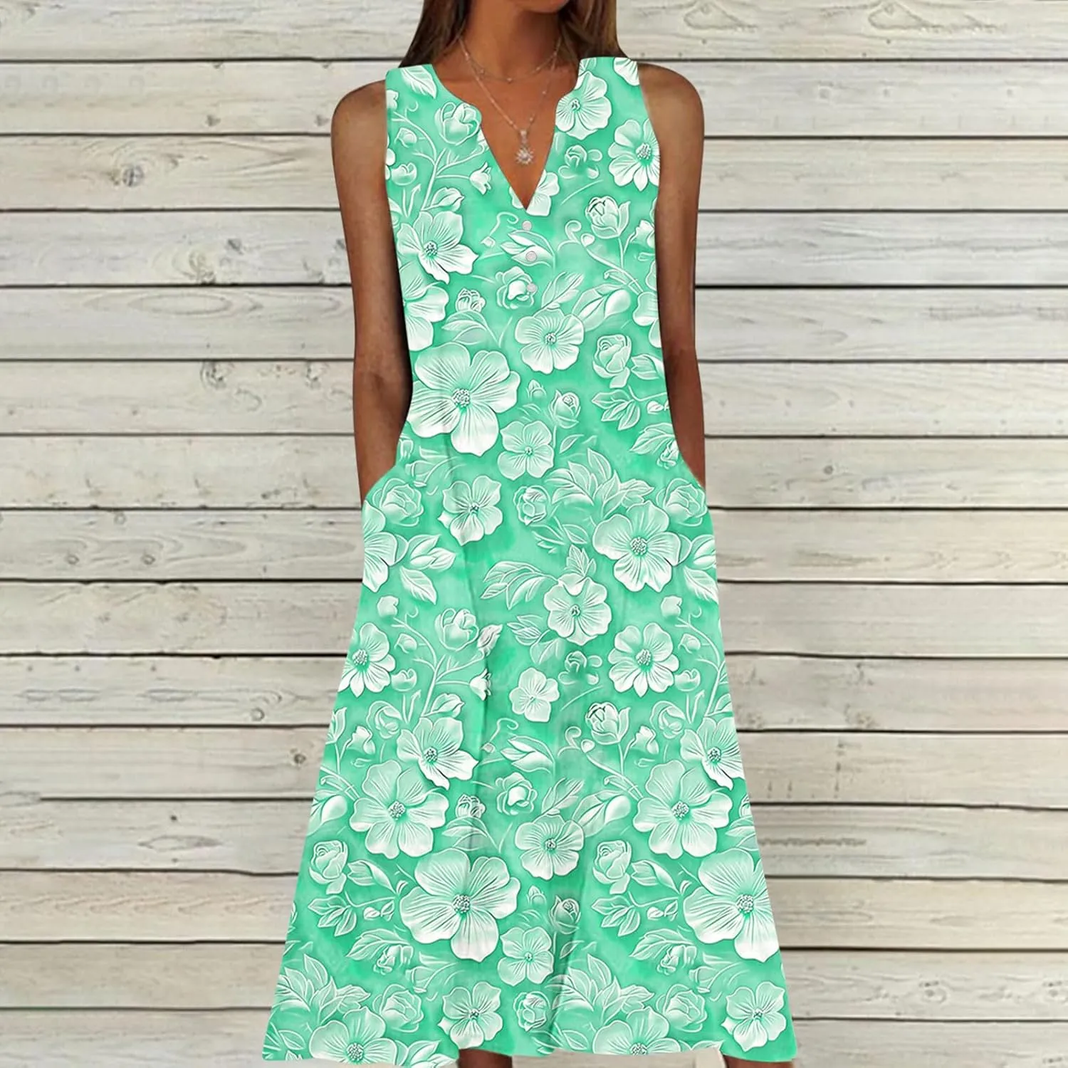 Women's Embossed Floral Printed Midi Dresses Button V Neck Summer Loose Sleeveless A-Line Casual Plus Size Dress with Pockets