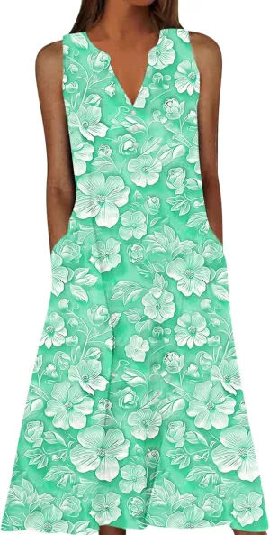 Women's Embossed Floral Printed Midi Dresses Button V Neck Summer Loose Sleeveless A-Line Casual Plus Size Dress with Pockets