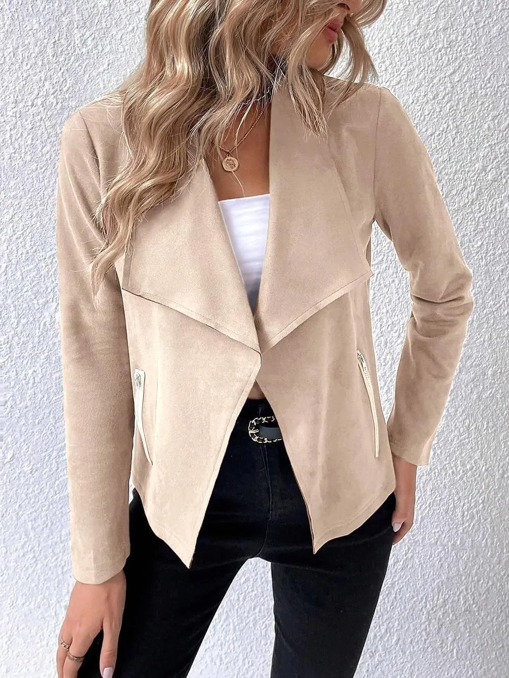 Women's Fall Casual Faux Suede Jackets Long Sleeve Open Front Lightweight Bomber Jacket Cropped Coats