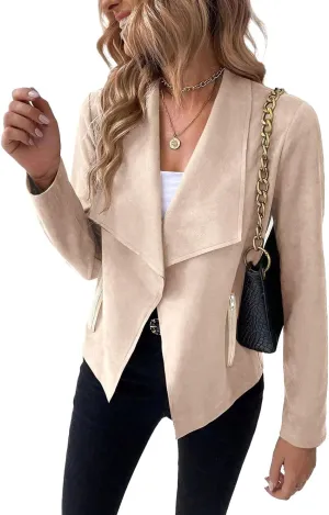 Women's Fall Casual Faux Suede Jackets Long Sleeve Open Front Lightweight Bomber Jacket Cropped Coats