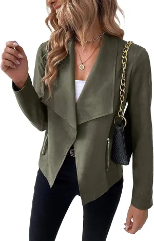 Women's Fall Casual Faux Suede Jackets Long Sleeve Open Front Lightweight Bomber Jacket Cropped Coats