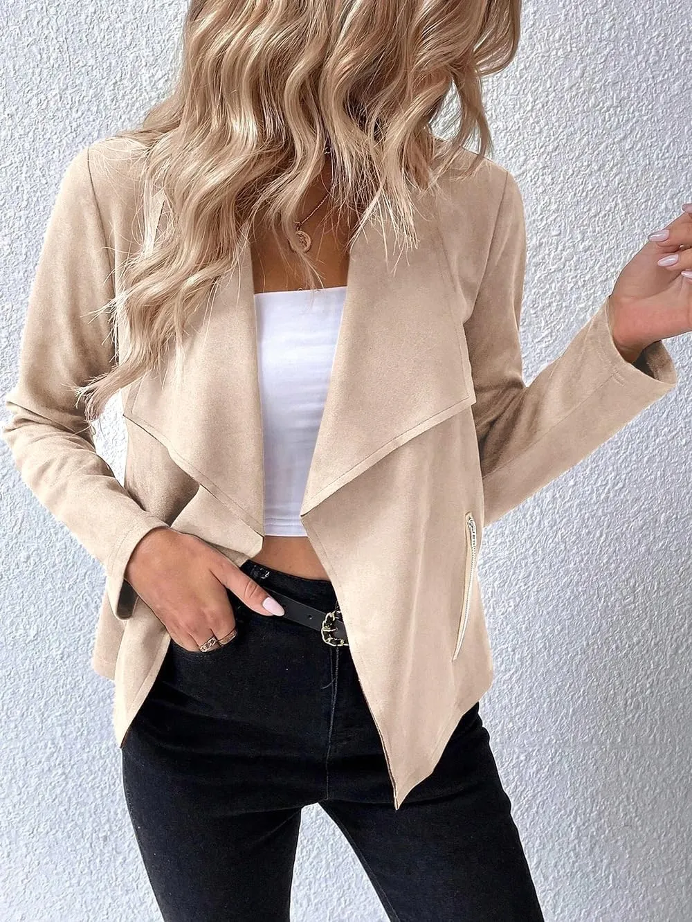 Women's Fall Casual Faux Suede Jackets Long Sleeve Open Front Lightweight Bomber Jacket Cropped Coats