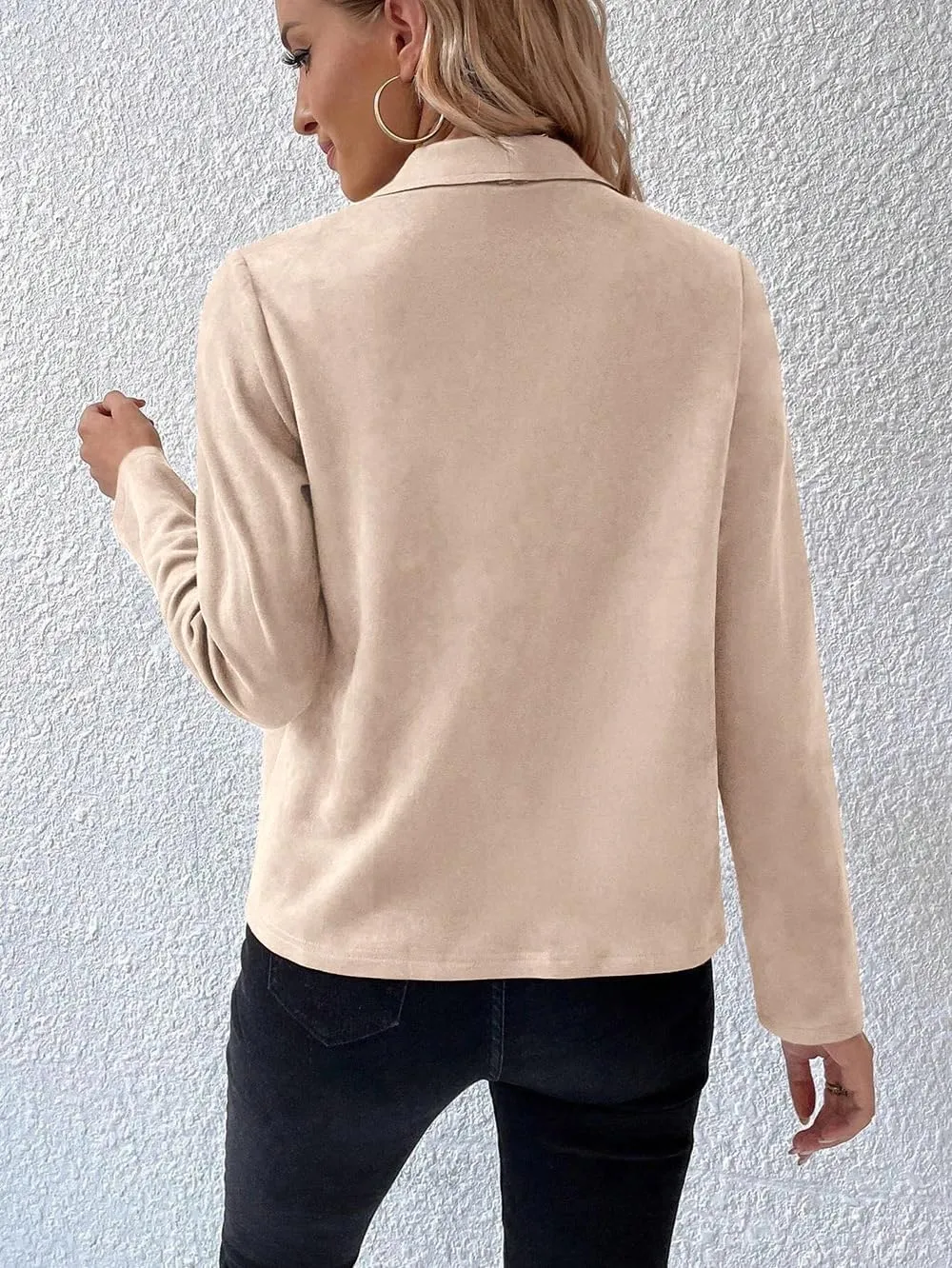 Women's Fall Casual Faux Suede Jackets Long Sleeve Open Front Lightweight Bomber Jacket Cropped Coats