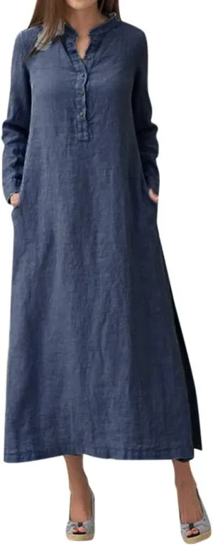 Women's Fall Casual Trendy Button Down Collar Long Sleeve Solid Maxi Linen Dress Plus Size, S-3XL