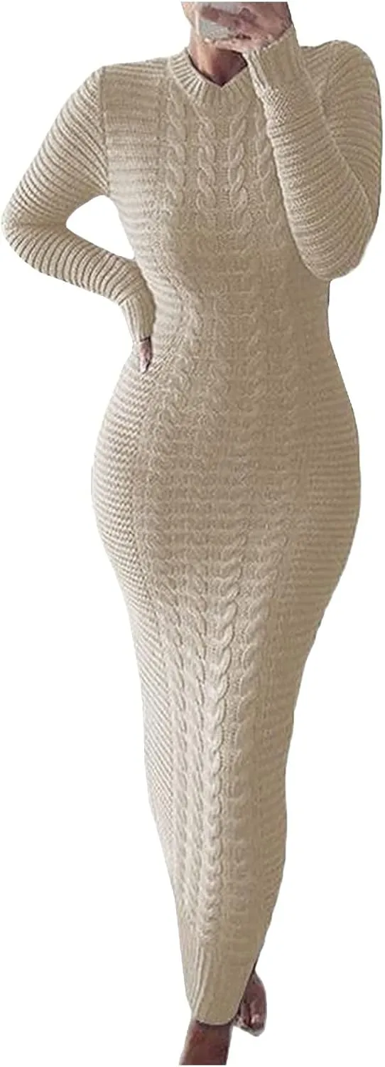 Women's Fall Winter Casual Trendy Crew Neck Long Sleeve Bodycon Knit Sweater Dress Plus Size, S-3XL
