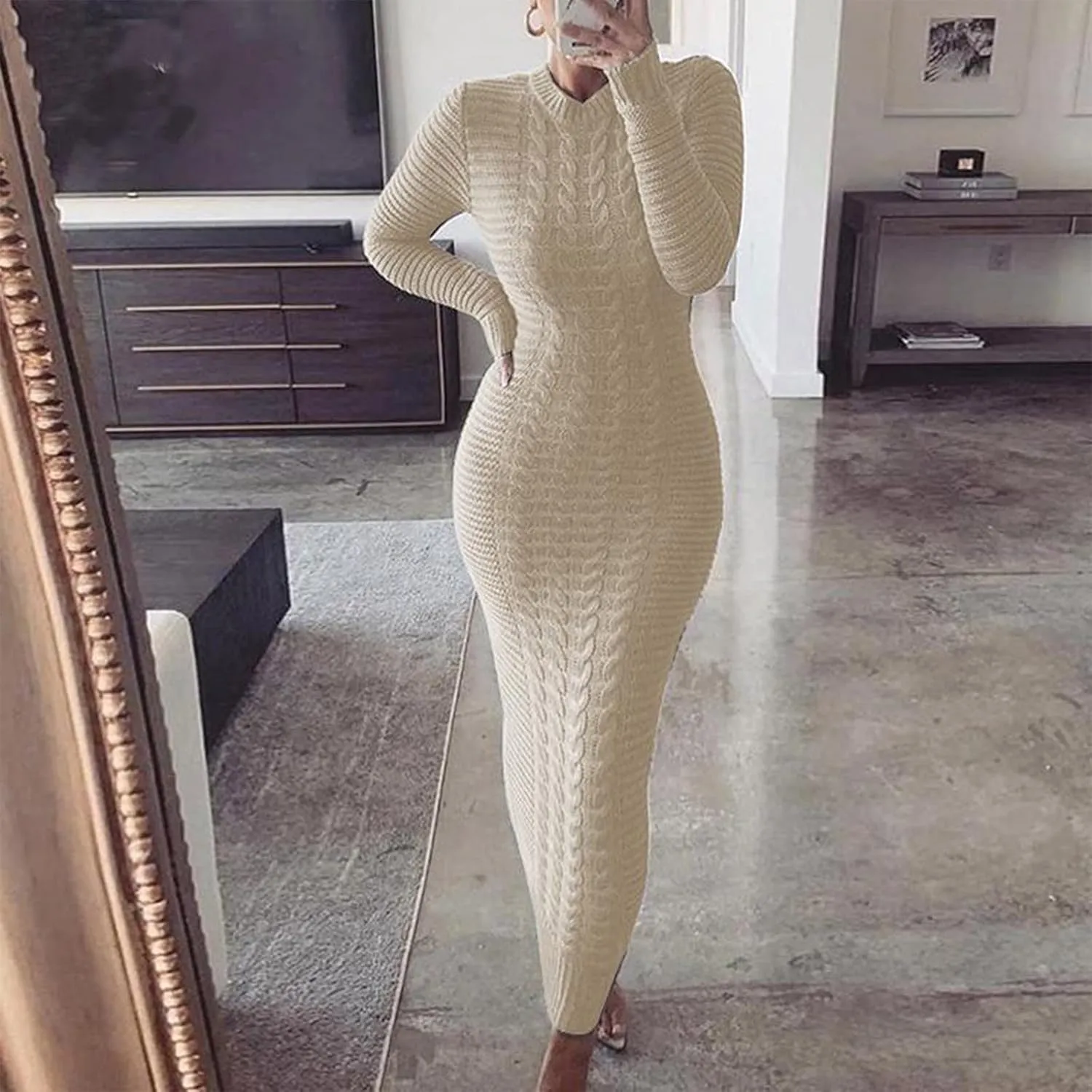 Women's Fall Winter Casual Trendy Crew Neck Long Sleeve Bodycon Knit Sweater Dress Plus Size, S-3XL