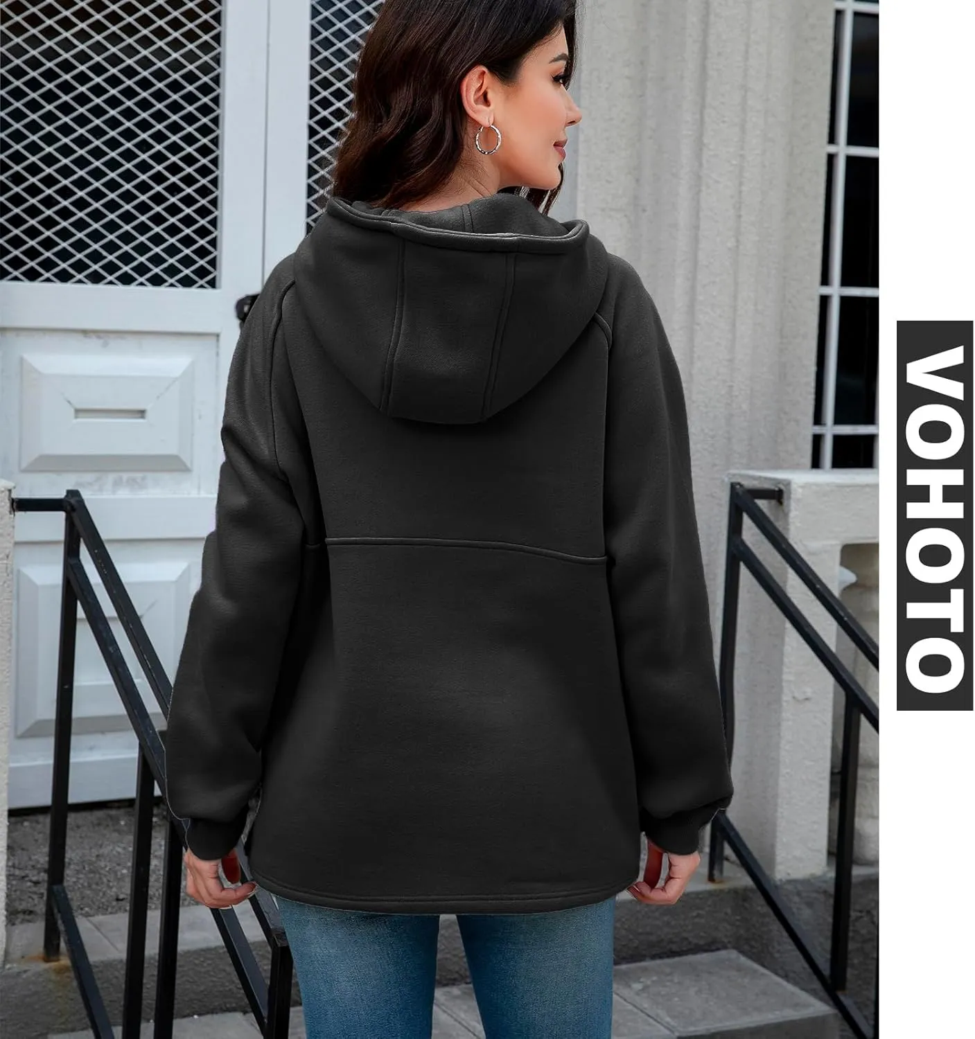 Womens Fleece Oversized Hoodie Half Zip Pullover Sweatshirts Long Sleeve Casual Trendy Teens Hooded with Pockets