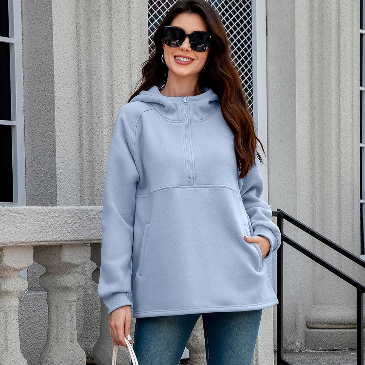 Womens Fleece Oversized Hoodie Half Zip Pullover Sweatshirts Long Sleeve Casual Trendy Teens Hooded with Pockets