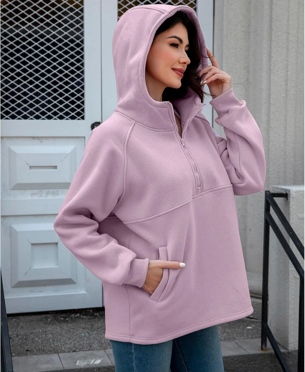 Womens Fleece Oversized Hoodie Half Zip Pullover Sweatshirts Long Sleeve Casual Trendy Teens Hooded with Pockets