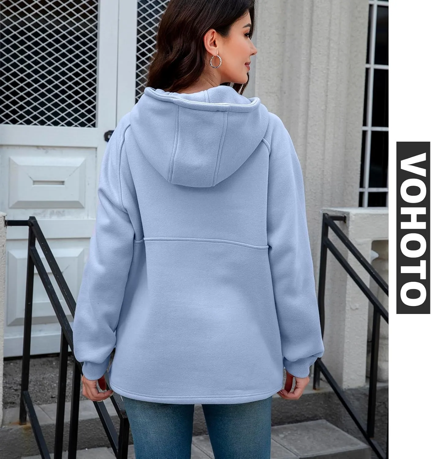 Womens Fleece Oversized Hoodie Half Zip Pullover Sweatshirts Long Sleeve Casual Trendy Teens Hooded with Pockets