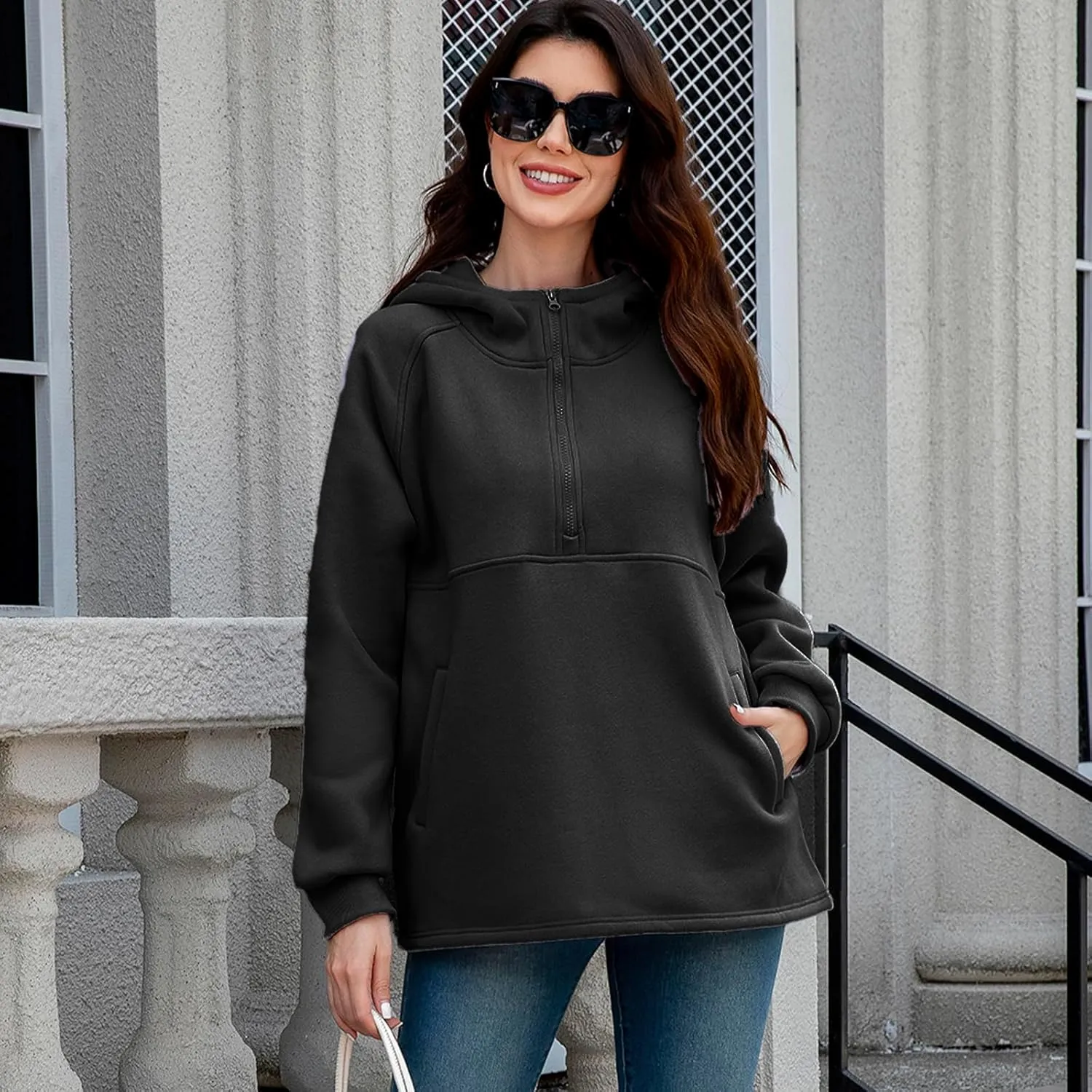 Womens Fleece Oversized Hoodie Half Zip Pullover Sweatshirts Long Sleeve Casual Trendy Teens Hooded with Pockets