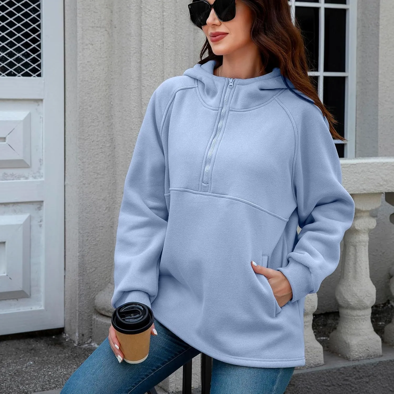Womens Fleece Oversized Hoodie Half Zip Pullover Sweatshirts Long Sleeve Casual Trendy Teens Hooded with Pockets