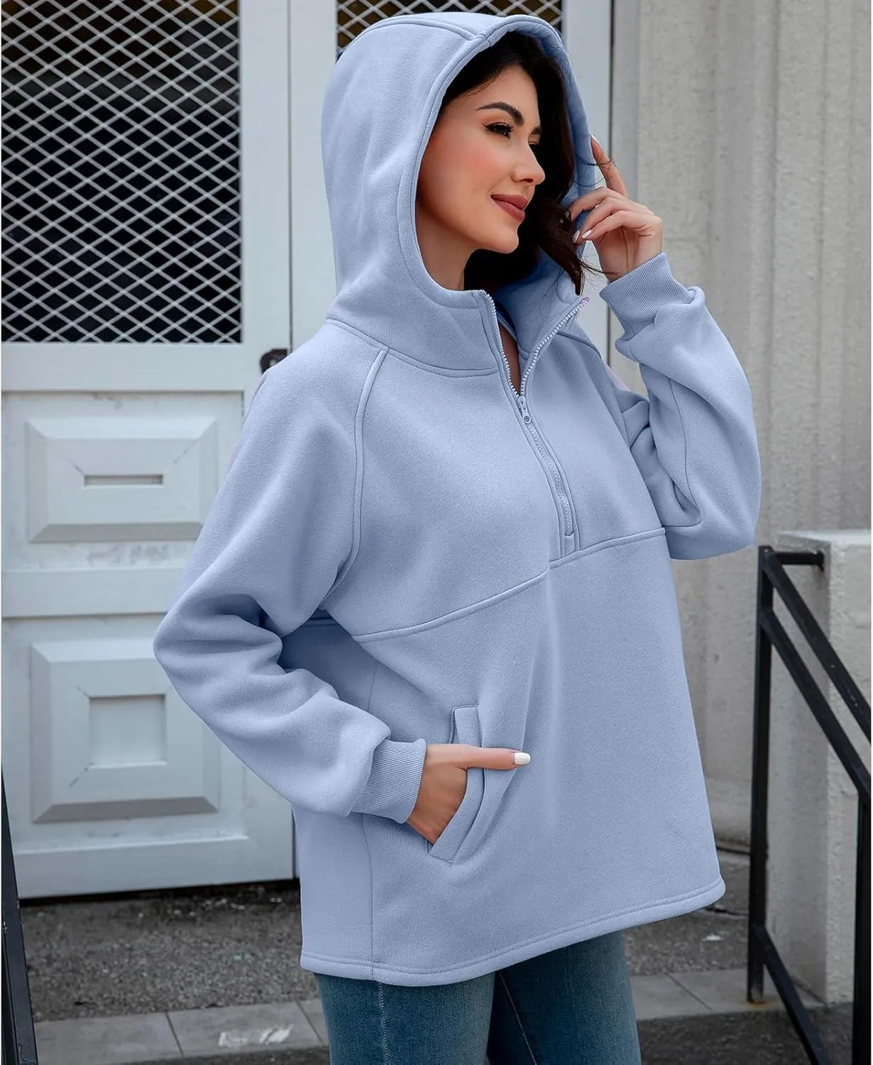 Womens Fleece Oversized Hoodie Half Zip Pullover Sweatshirts Long Sleeve Casual Trendy Teens Hooded with Pockets