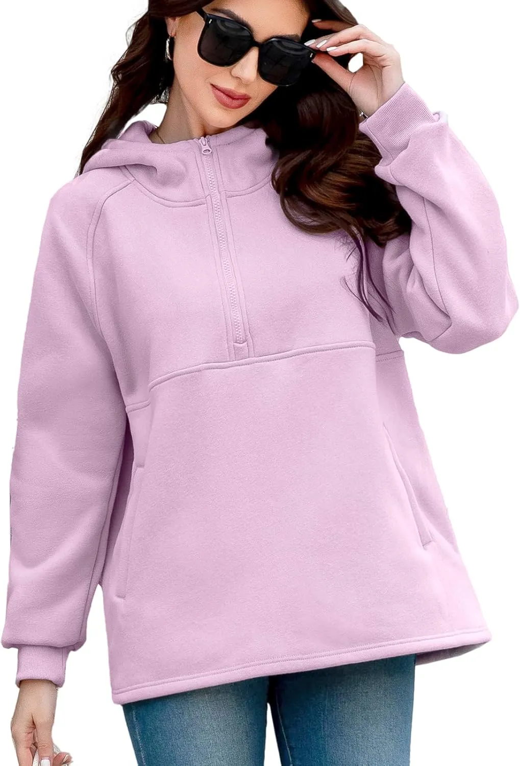 Womens Fleece Oversized Hoodie Half Zip Pullover Sweatshirts Long Sleeve Casual Trendy Teens Hooded with Pockets