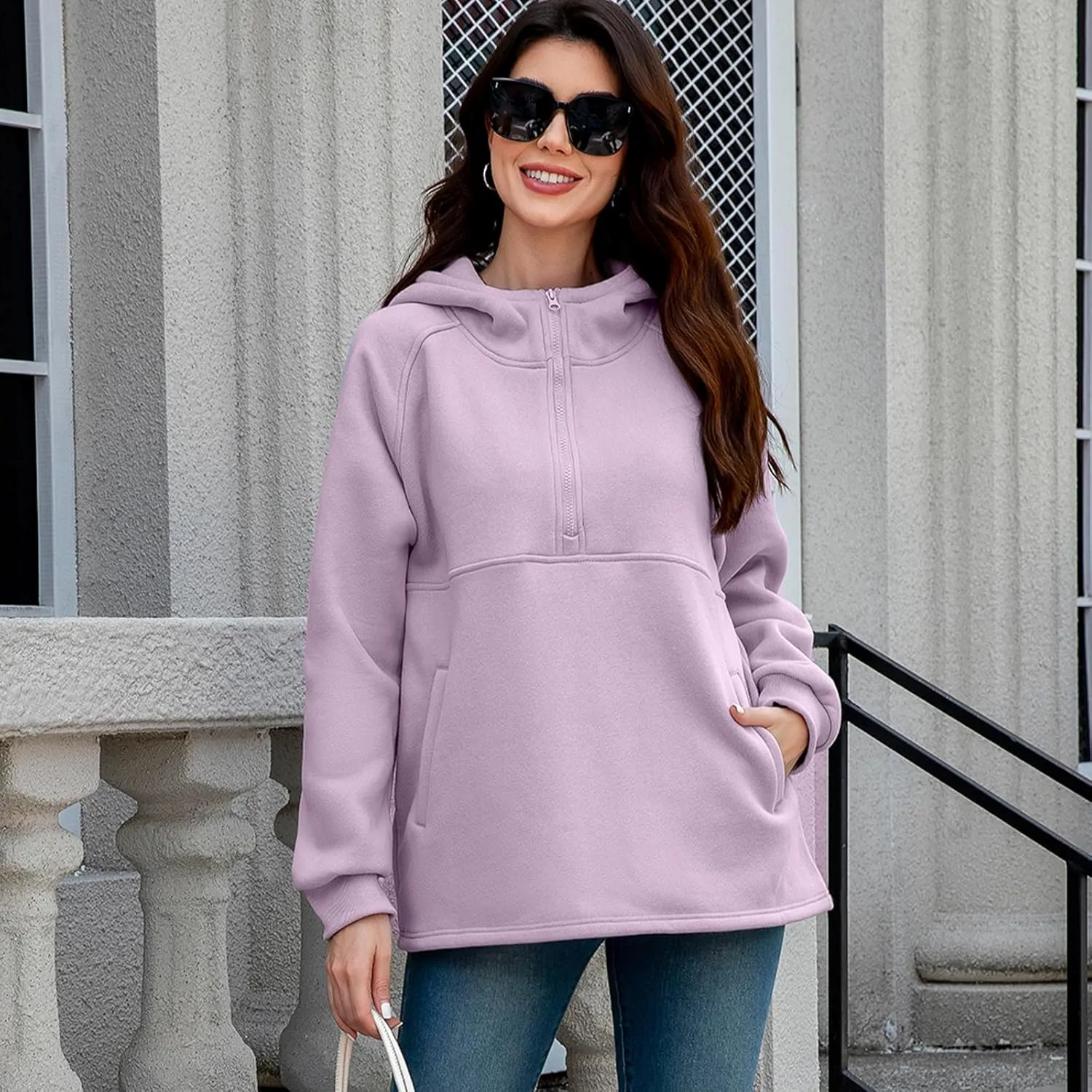 Womens Fleece Oversized Hoodie Half Zip Pullover Sweatshirts Long Sleeve Casual Trendy Teens Hooded with Pockets