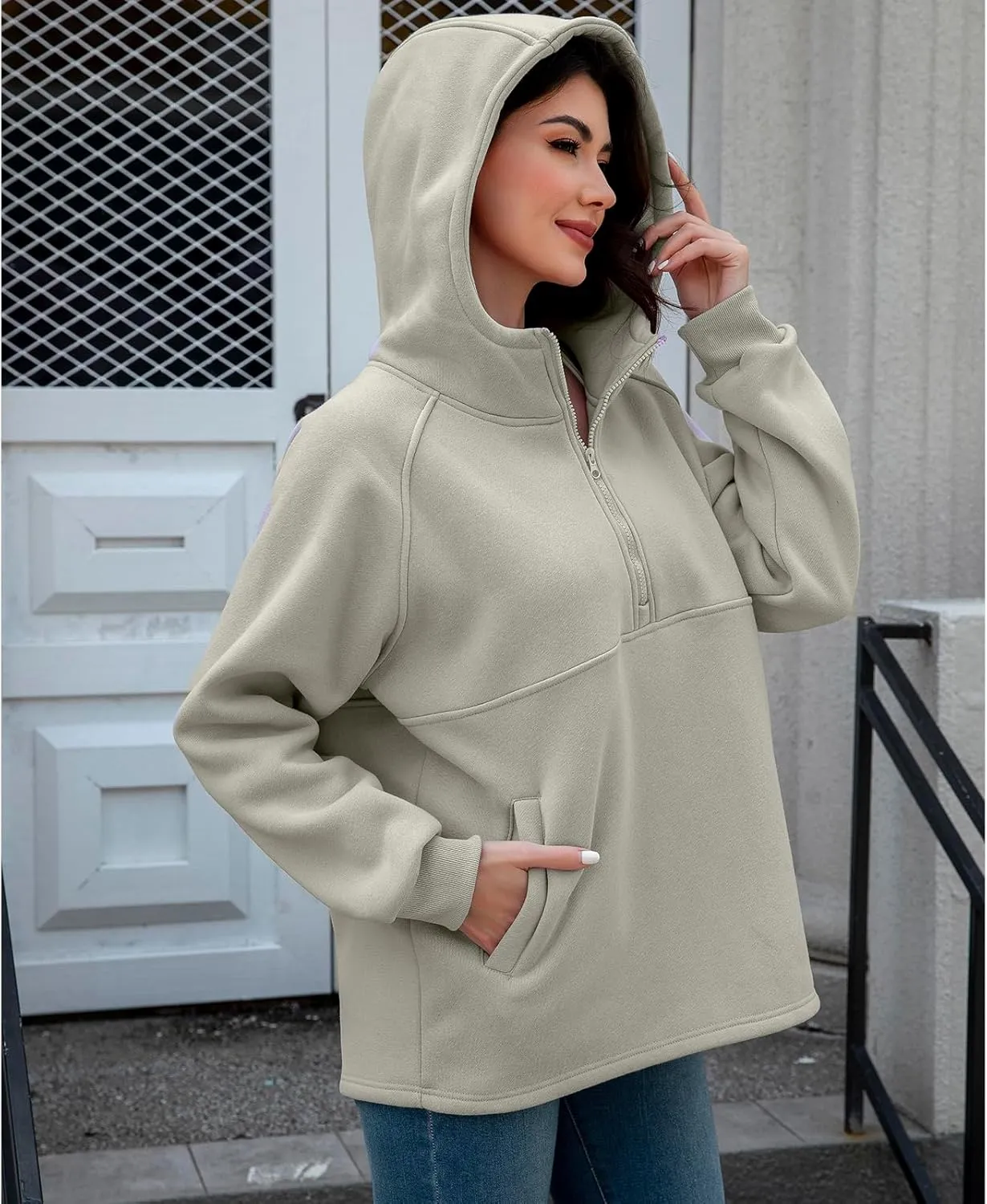 Womens Fleece Oversized Hoodie Half Zip Pullover Sweatshirts Long Sleeve Casual Trendy Teens Hooded with Pockets