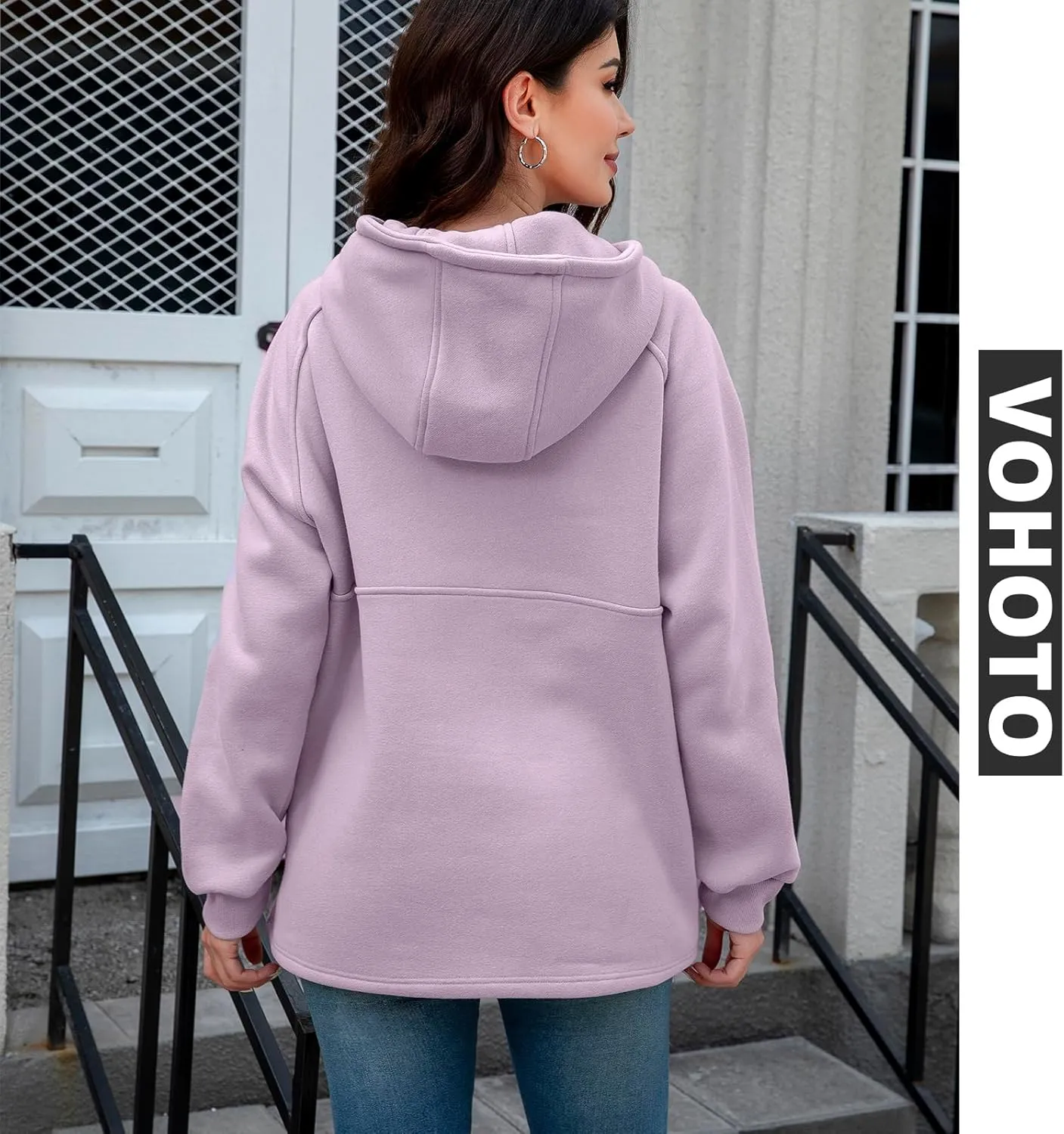 Womens Fleece Oversized Hoodie Half Zip Pullover Sweatshirts Long Sleeve Casual Trendy Teens Hooded with Pockets