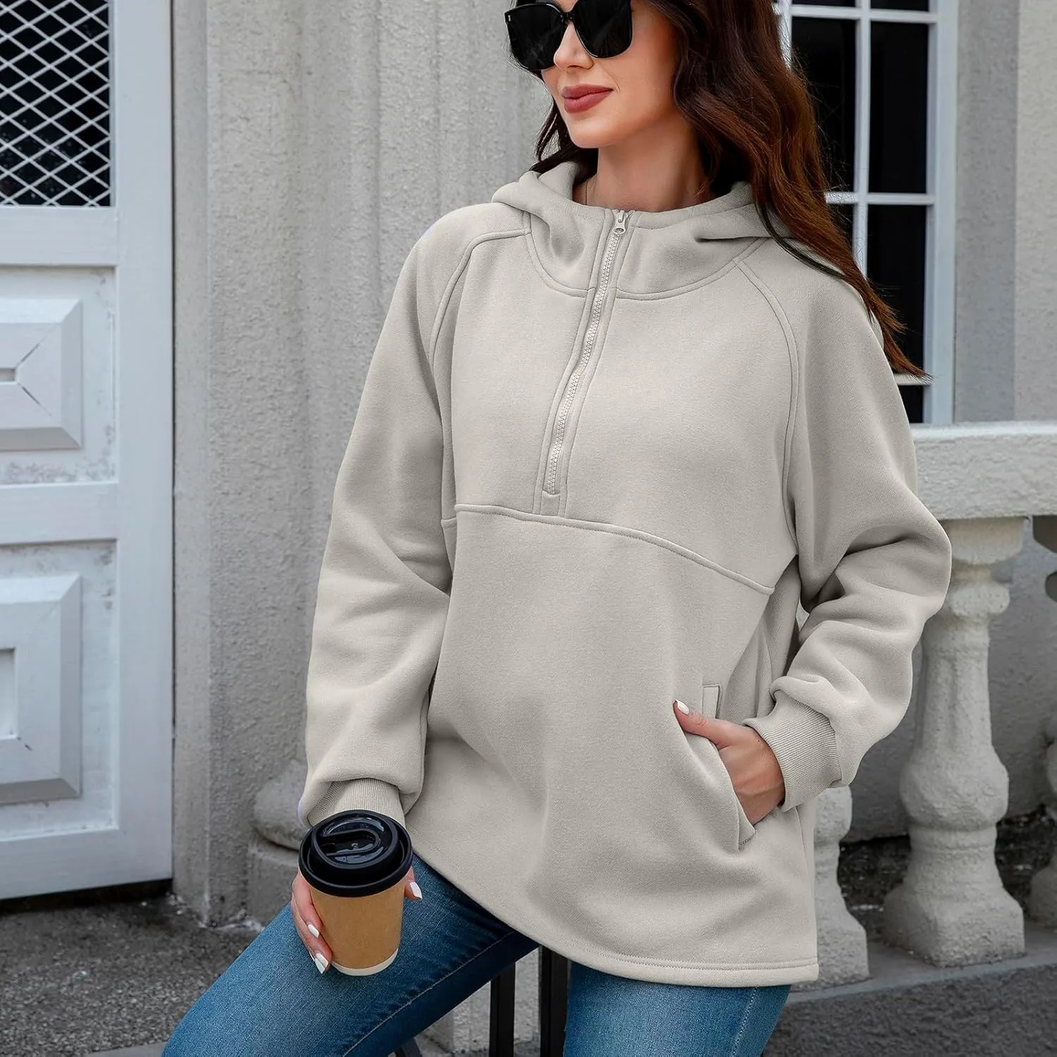 Womens Fleece Oversized Hoodie Half Zip Pullover Sweatshirts Long Sleeve Casual Trendy Teens Hooded with Pockets
