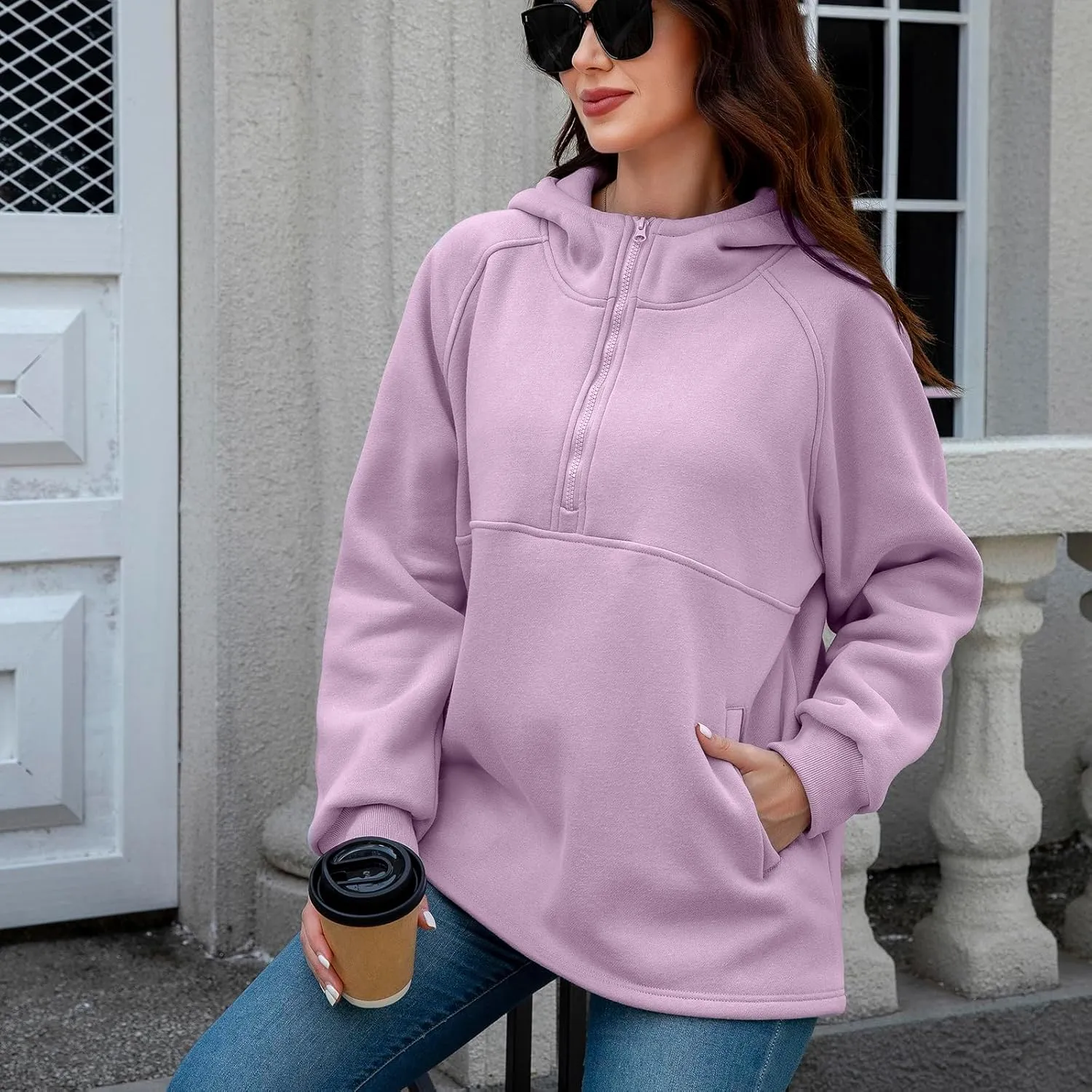 Womens Fleece Oversized Hoodie Half Zip Pullover Sweatshirts Long Sleeve Casual Trendy Teens Hooded with Pockets