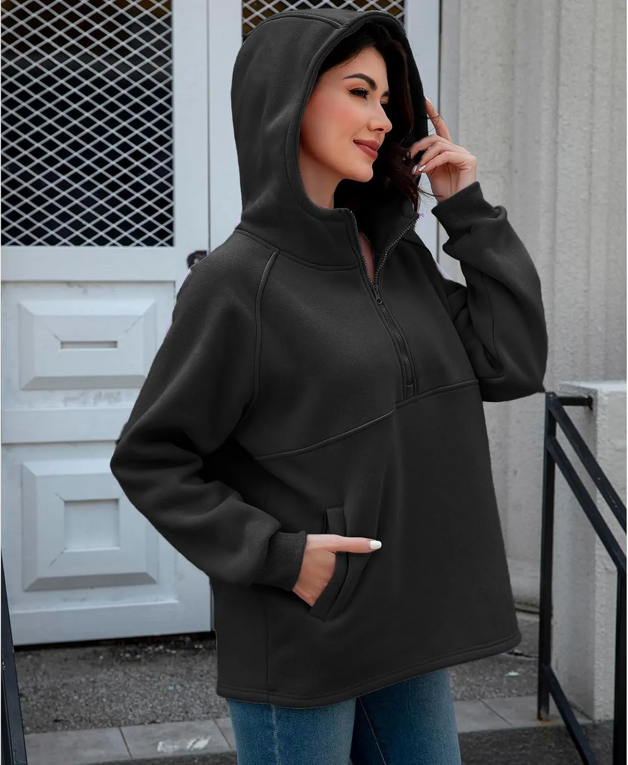 Womens Fleece Oversized Hoodie Half Zip Pullover Sweatshirts Long Sleeve Casual Trendy Teens Hooded with Pockets