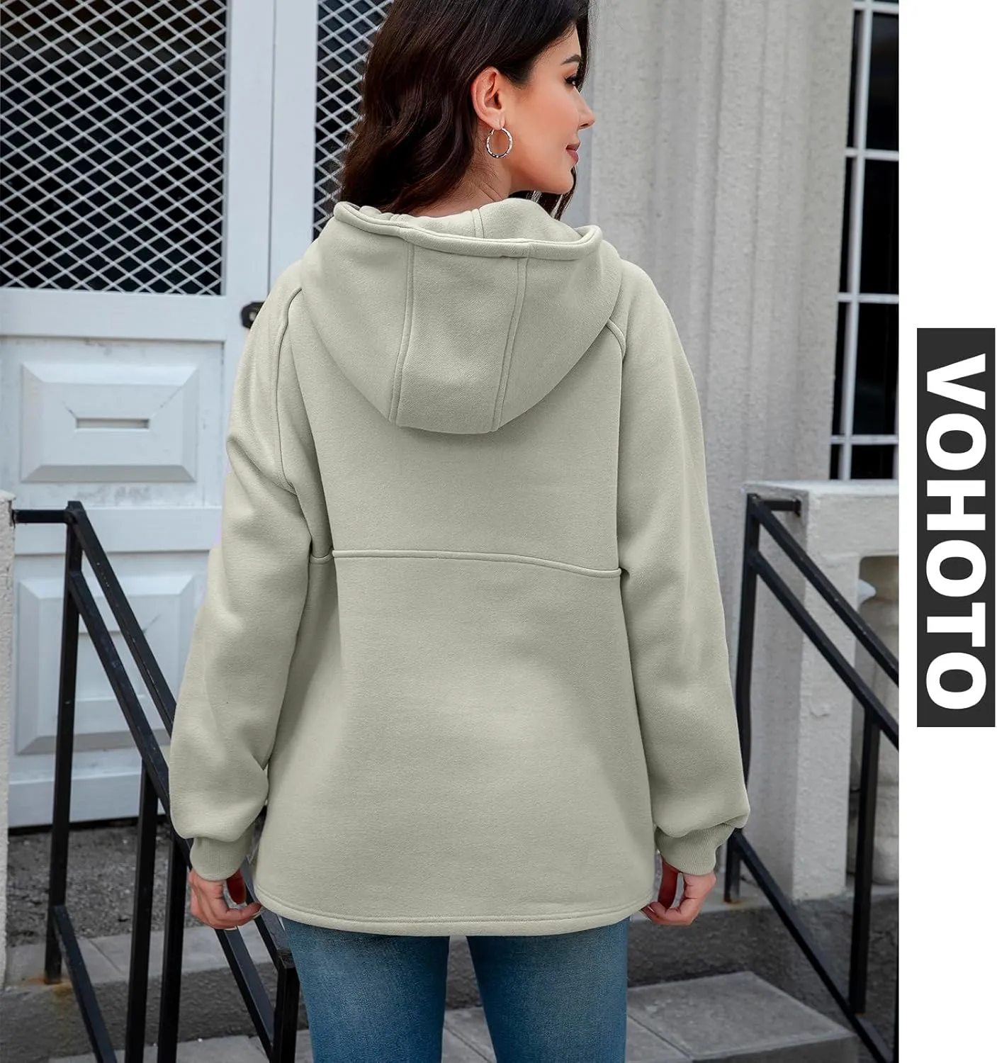 Womens Fleece Oversized Hoodie Half Zip Pullover Sweatshirts Long Sleeve Casual Trendy Teens Hooded with Pockets