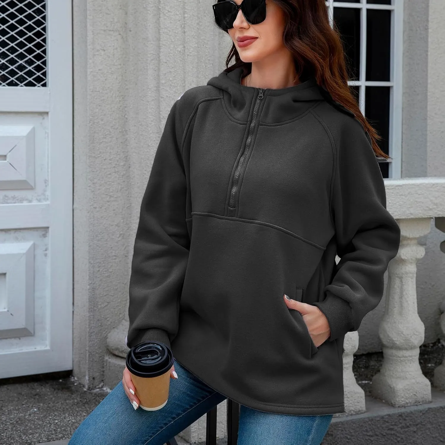 Womens Fleece Oversized Hoodie Half Zip Pullover Sweatshirts Long Sleeve Casual Trendy Teens Hooded with Pockets