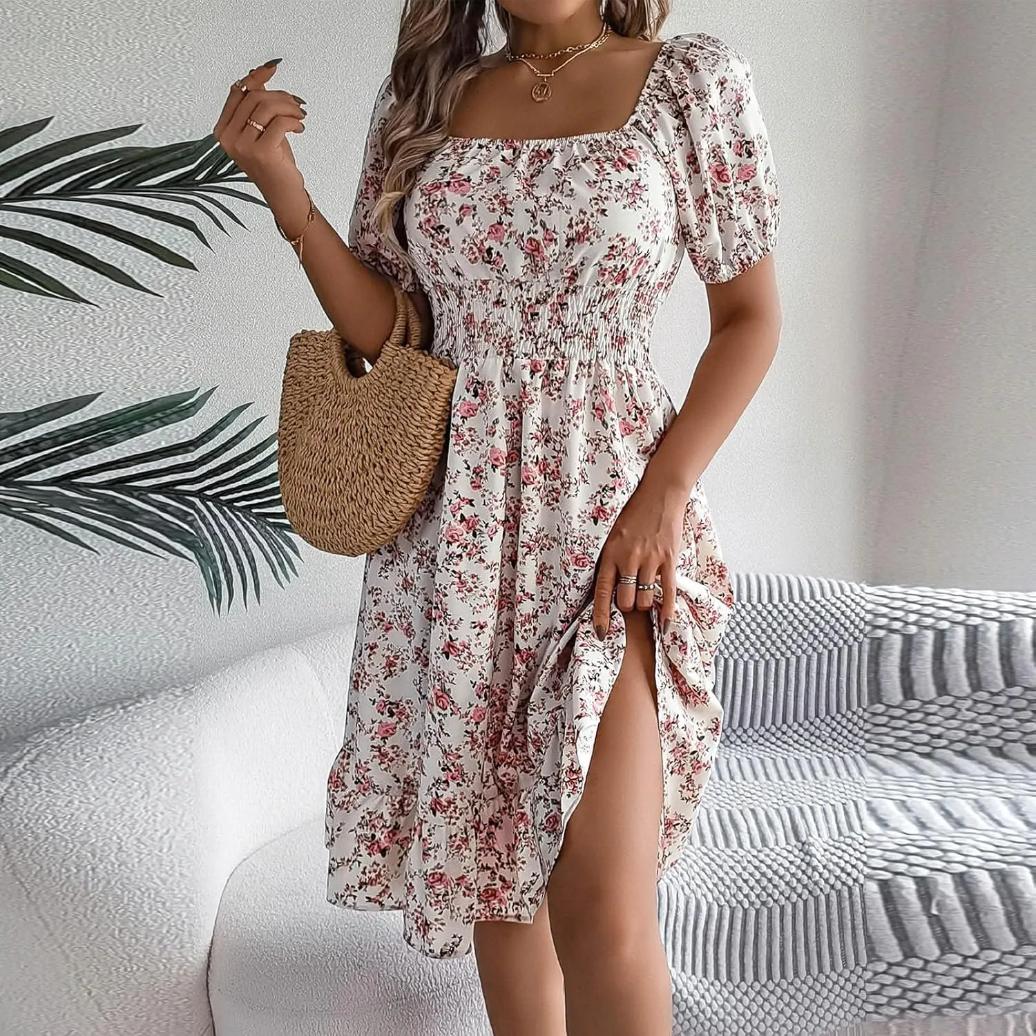 Women's Floral Print Dress Off Shoulder Short Sleeve Flowy A Line Tunic Dress Trendy Summer Beach Midi Sun Dresses