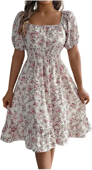 Women's Floral Print Dress Off Shoulder Short Sleeve Flowy A Line Tunic Dress Trendy Summer Beach Midi Sun Dresses