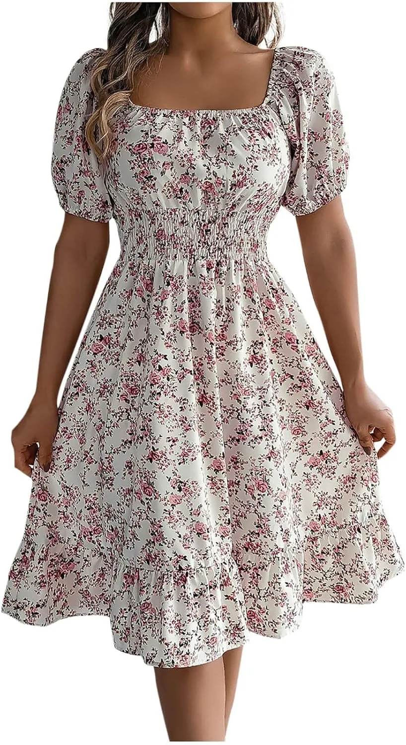 Women's Floral Print Dress Off Shoulder Short Sleeve Flowy A Line Tunic Dress Trendy Summer Beach Midi Sun Dresses