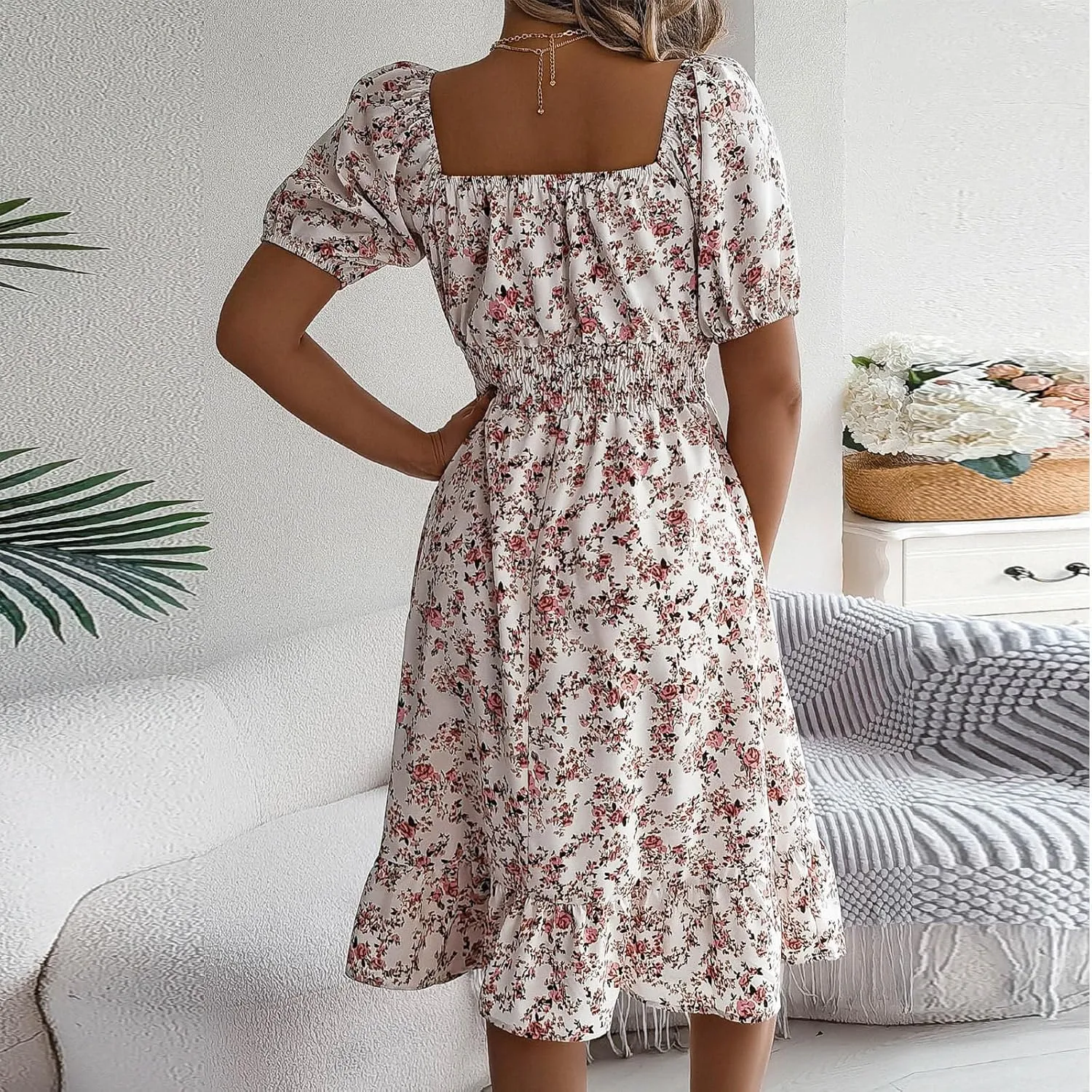Women's Floral Print Dress Off Shoulder Short Sleeve Flowy A Line Tunic Dress Trendy Summer Beach Midi Sun Dresses