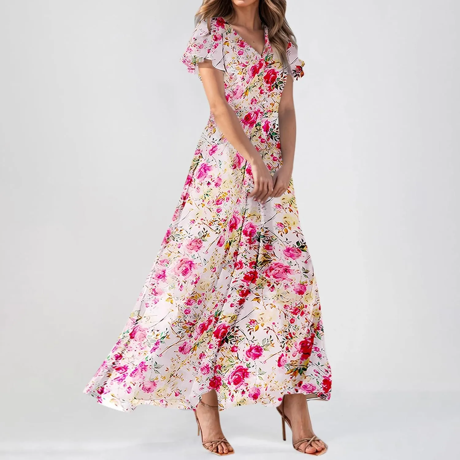 Women's Floral Print V Neck Ruffle Cap Sleeve Ruffle Hem Flowy Dress Boho High Waist Dresses for Women 2025
