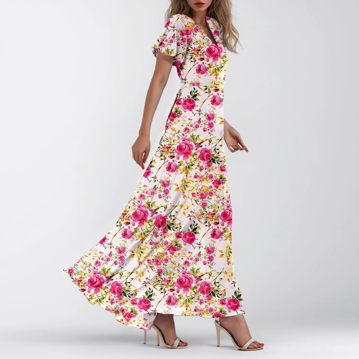 Women's Floral Print V Neck Ruffle Cap Sleeve Ruffle Hem Flowy Dress Boho High Waist Dresses for Women 2025
