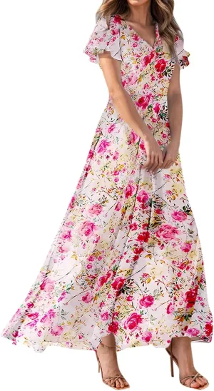 Women's Floral Print V Neck Ruffle Cap Sleeve Ruffle Hem Flowy Dress Boho High Waist Dresses for Women 2025