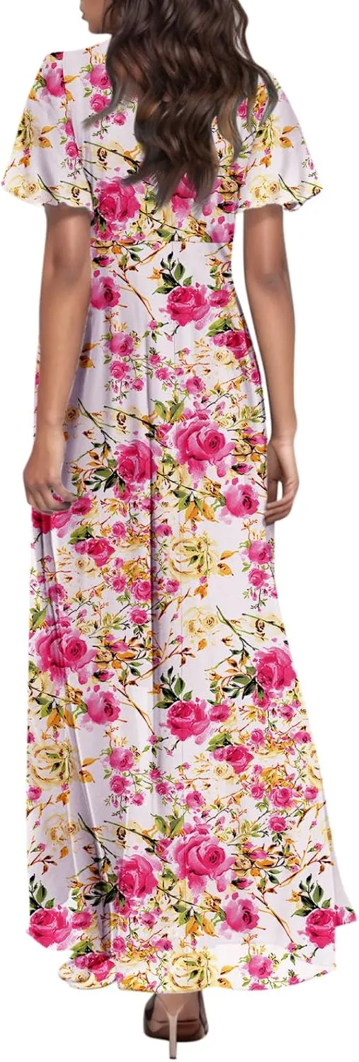 Women's Floral Print V Neck Ruffle Cap Sleeve Ruffle Hem Flowy Dress Boho High Waist Dresses for Women 2025