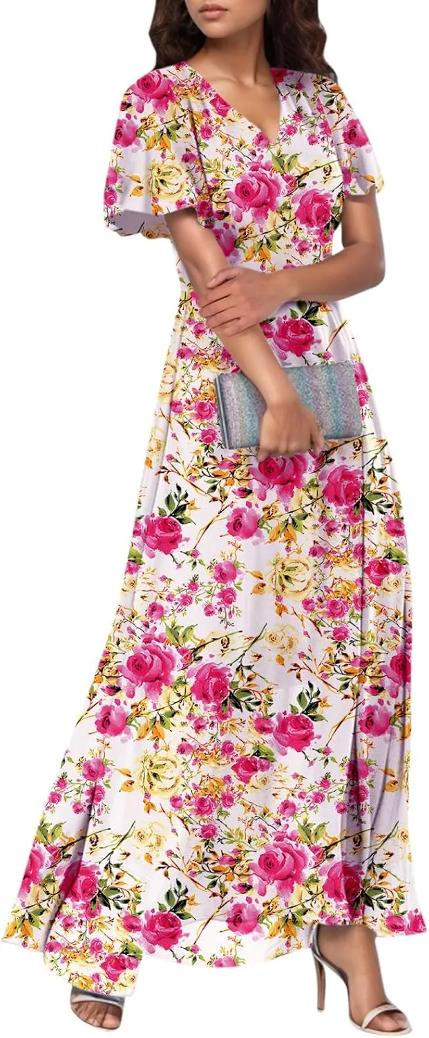 Women's Floral Print V Neck Ruffle Cap Sleeve Ruffle Hem Flowy Dress Boho High Waist Dresses for Women 2025