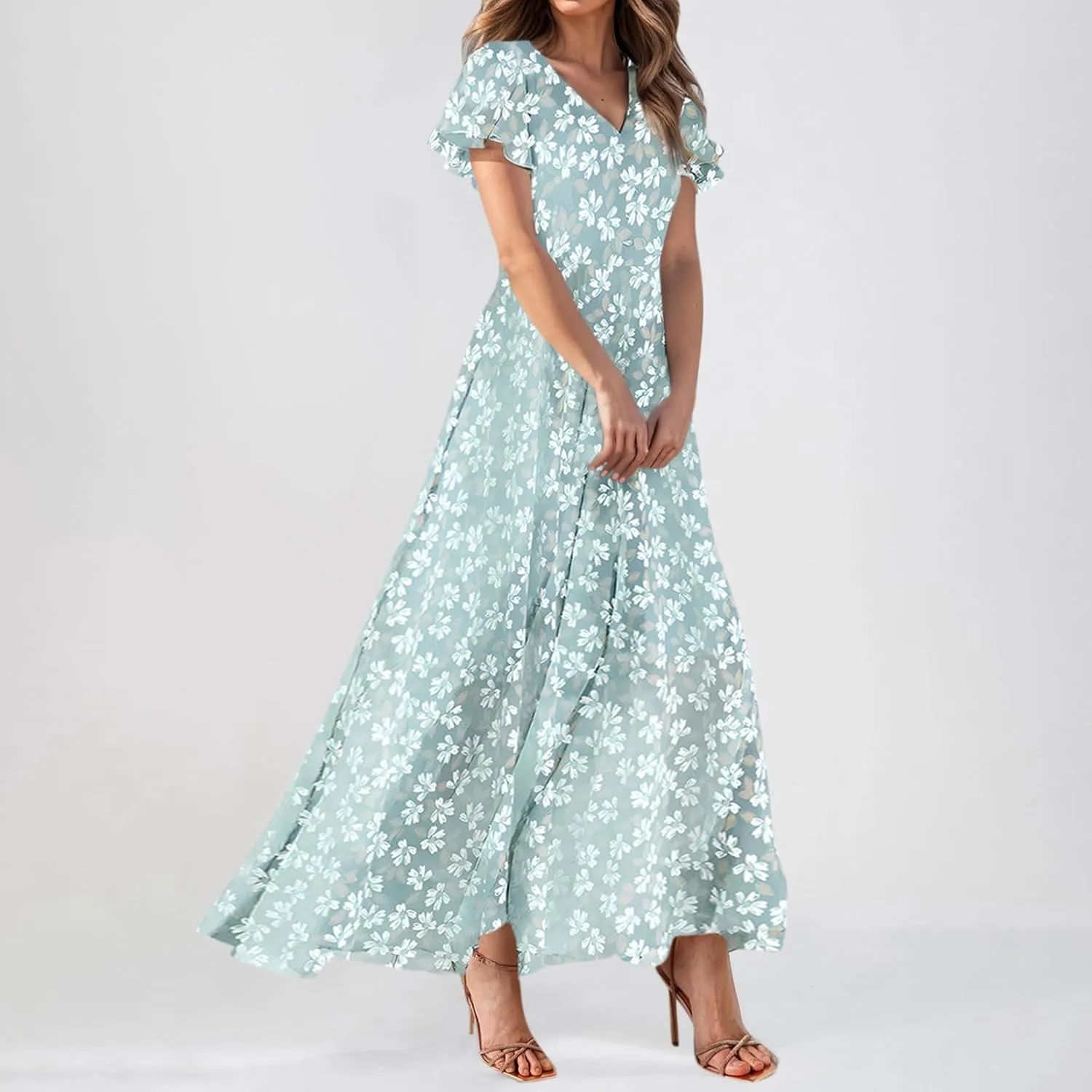 Women's Floral Print V Neck Ruffle Cap Sleeve Ruffle Hem Flowy Dress Boho High Waist Dresses for Women 2025