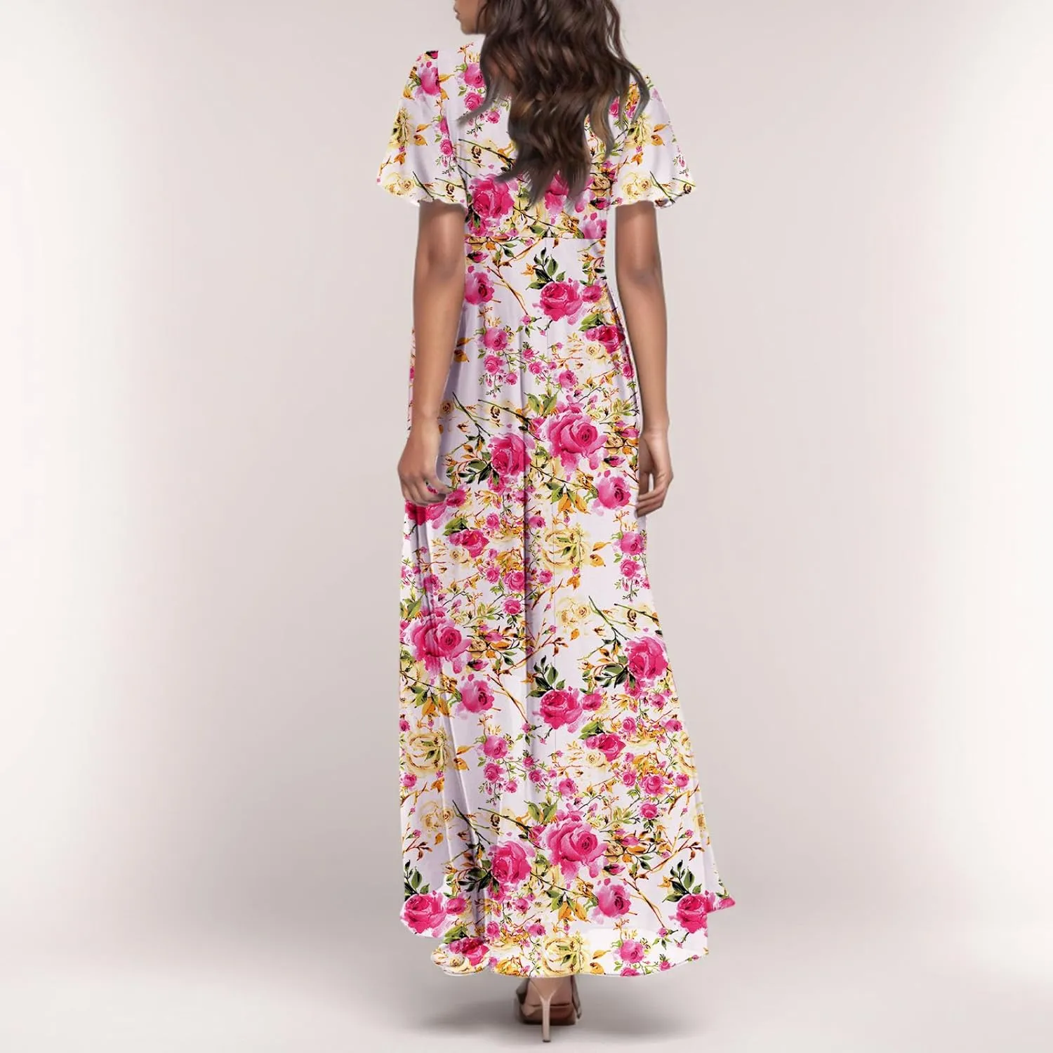 Women's Floral Print V Neck Ruffle Cap Sleeve Ruffle Hem Flowy Dress Boho High Waist Dresses for Women 2025