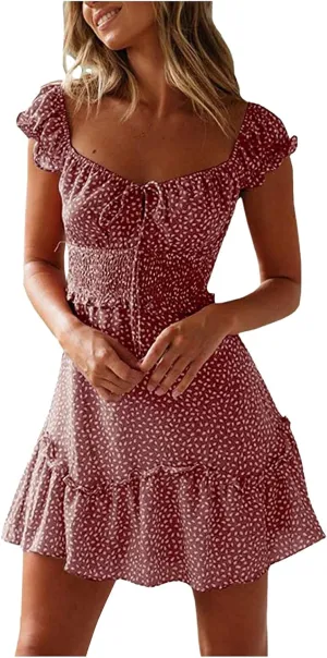 Women's Floral Smocked Tiered Ruffle Dress Pleated High Waist Sweetheart Neckline Mini Dresses Short Sundress