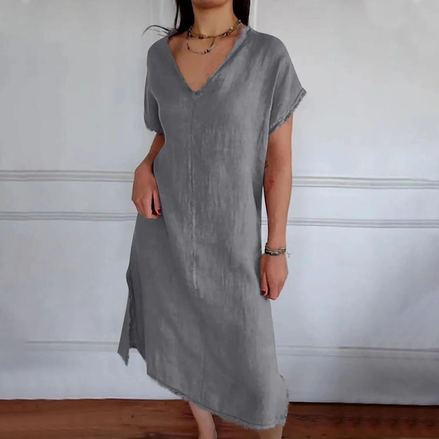 Women's Flowy Summer Dress 2025 Trendy Short Sleeve V Neck Swing Dresses Fashion Smooth Side Split Dresses