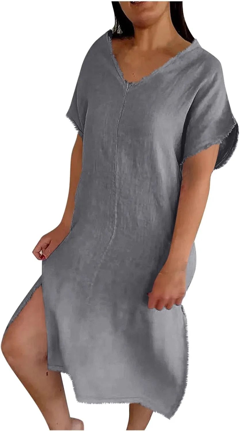Women's Flowy Summer Dress 2025 Trendy Short Sleeve V Neck Swing Dresses Fashion Smooth Side Split Dresses